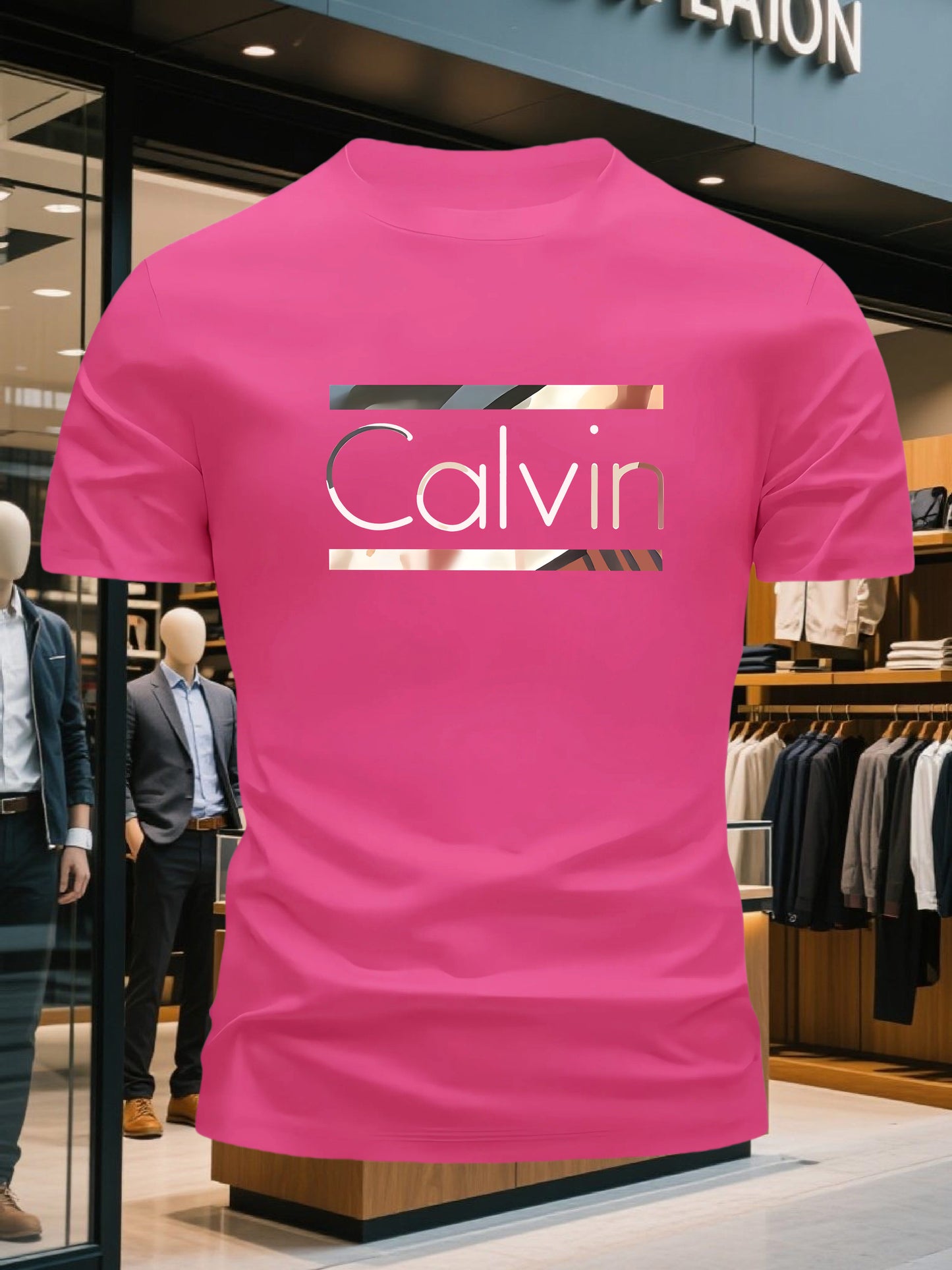 Men'S Bright Pink CALVI Graphic T-Shirt - Soft Breathable 100% Cotton Crewneck Tee, Everyday Casual Shirt for Office, Outings Gym - Minimalist Modern Top, Comfortable Clothing, Stylish Letter Print, Durable Fabric, Short Sl