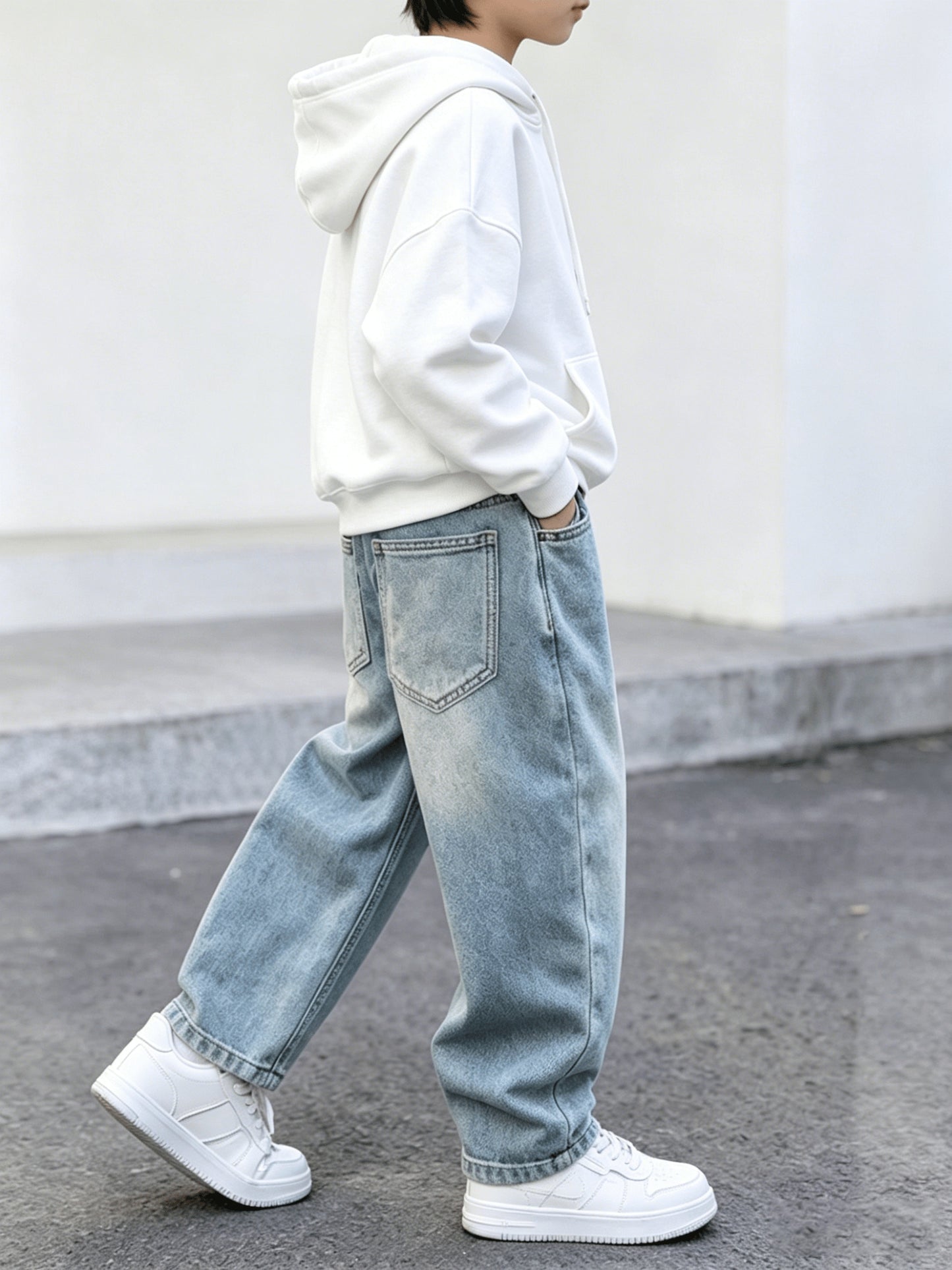Boys' Baggy Washed Denim Jeans with Elastic Waist, Vintage Style