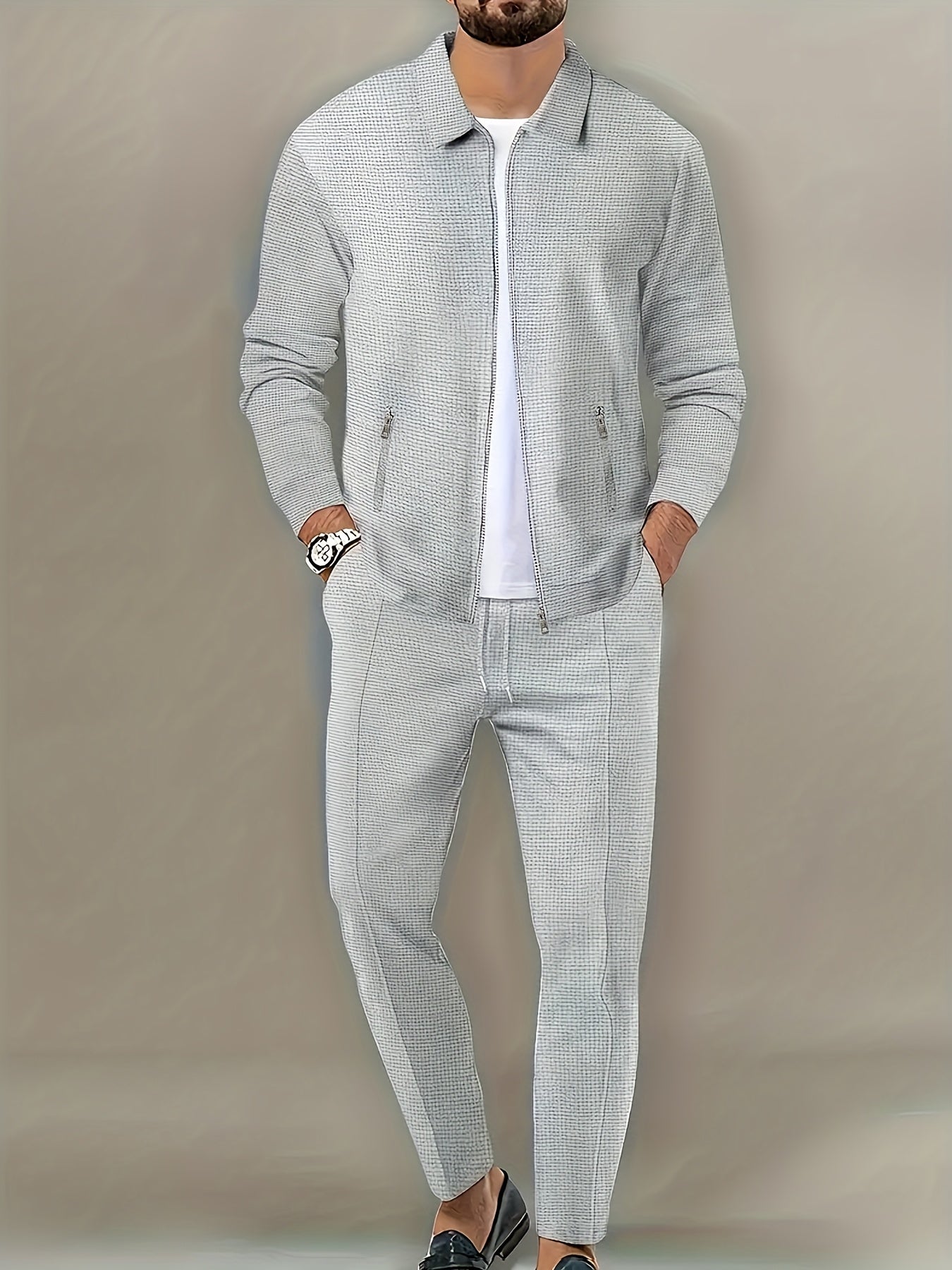 Men's Spring Waffle Knit Sportswear Set, European and American Style Casual Outfit