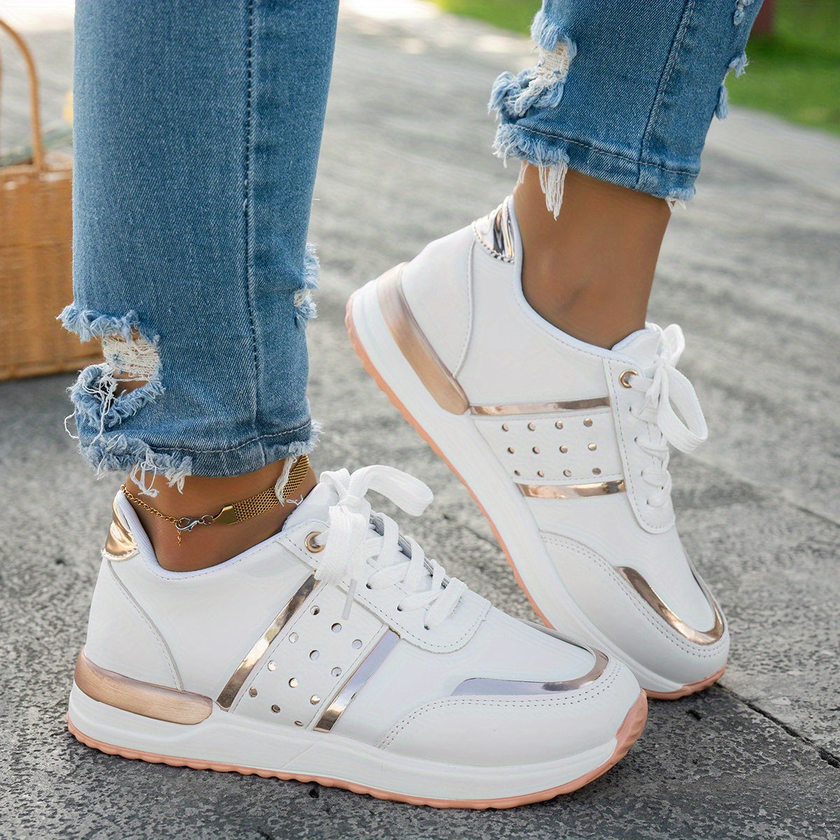 Women'S Chunky Platform Sneakers - Pastel Yellow Pink Synthetic Cover Low-Top Lace-Up Shoes with Golden Accents, Breathable Fabric Lining, Durable PU Sole for All-Season Casual Wear, Ladies Sneakers, Comfortable Footwear