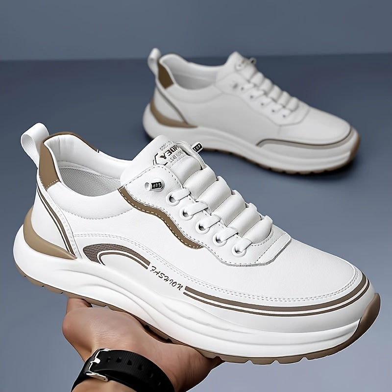 Men's Breathable Lightweight Casual Sneakers - Soft EVA Sole, White Brown Low-Top Lace-Up Shoes for Casual Attire Light Running, All-Season Comfort, Sleek Shoe Design, Daily Walking, Minimalist Style, Flexible Sole, Urban