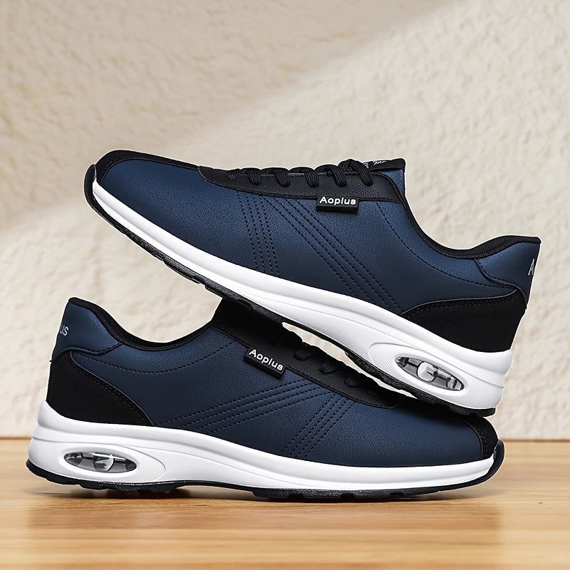 AOPLUS Men's Low-Top Sneakers - Navy Blue Black Sneakers, PU Upper Cushioned Rubber Sole for Gym, Training, Everyday - All-Season Lace-Up Shoes for Men, Gym Training Footwear, Sleek Sporty Design, Fabric Lined Interior
