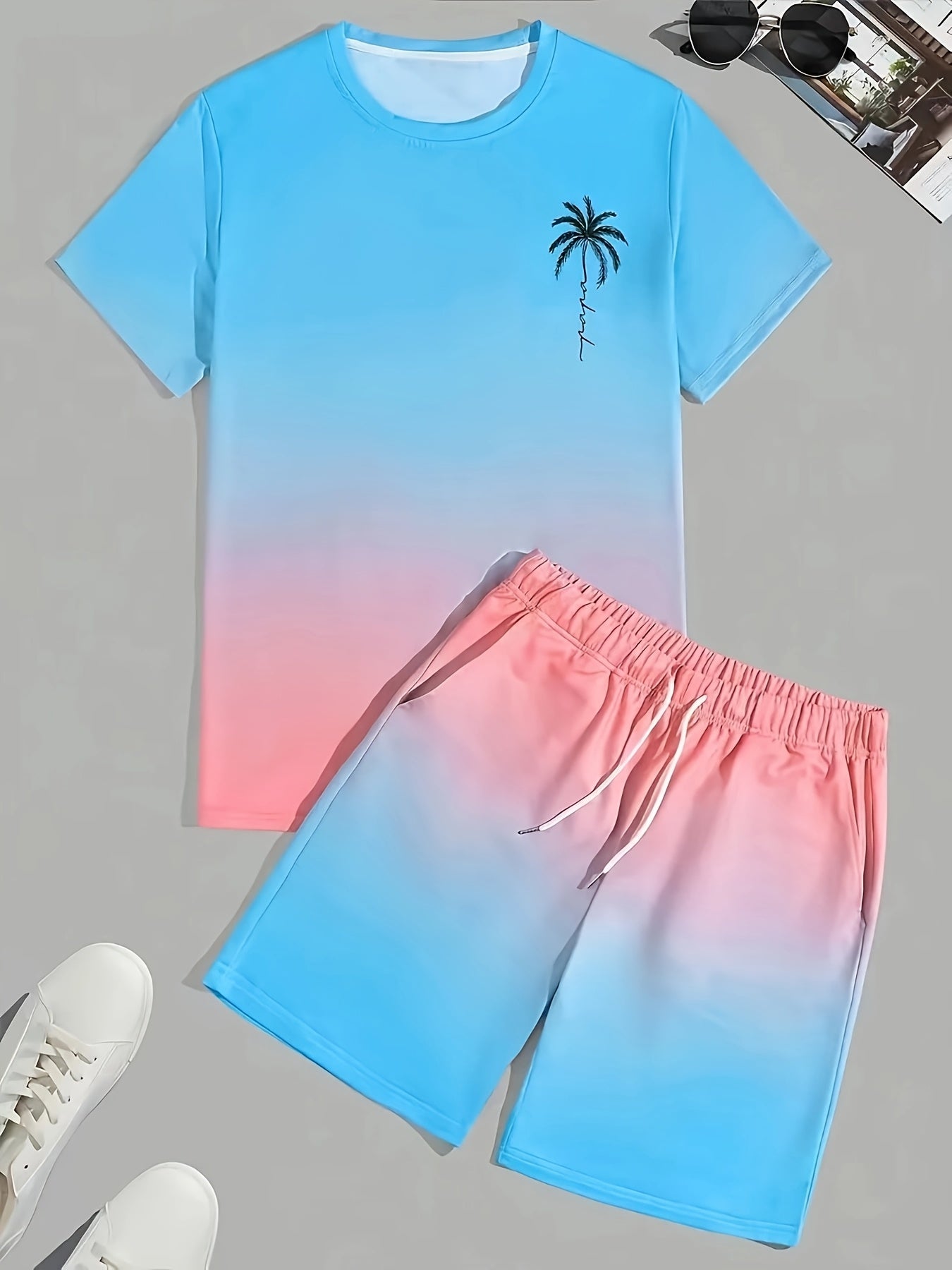 Men's fashion crewneck short-sleeved shorts two-piece set, 3D digital printing HD pattern, summer leisure and comfortable vacation sports Men's wear