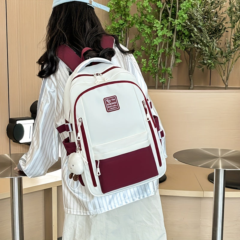 Visually Appealing Two-Tone Travel Backpack - Durable, Nylon, Lightweight with Adjustable Straps, Large Capacity School Bag for Students (No Charm), Casual Daypack Organized Storage Bag, Backpack for School