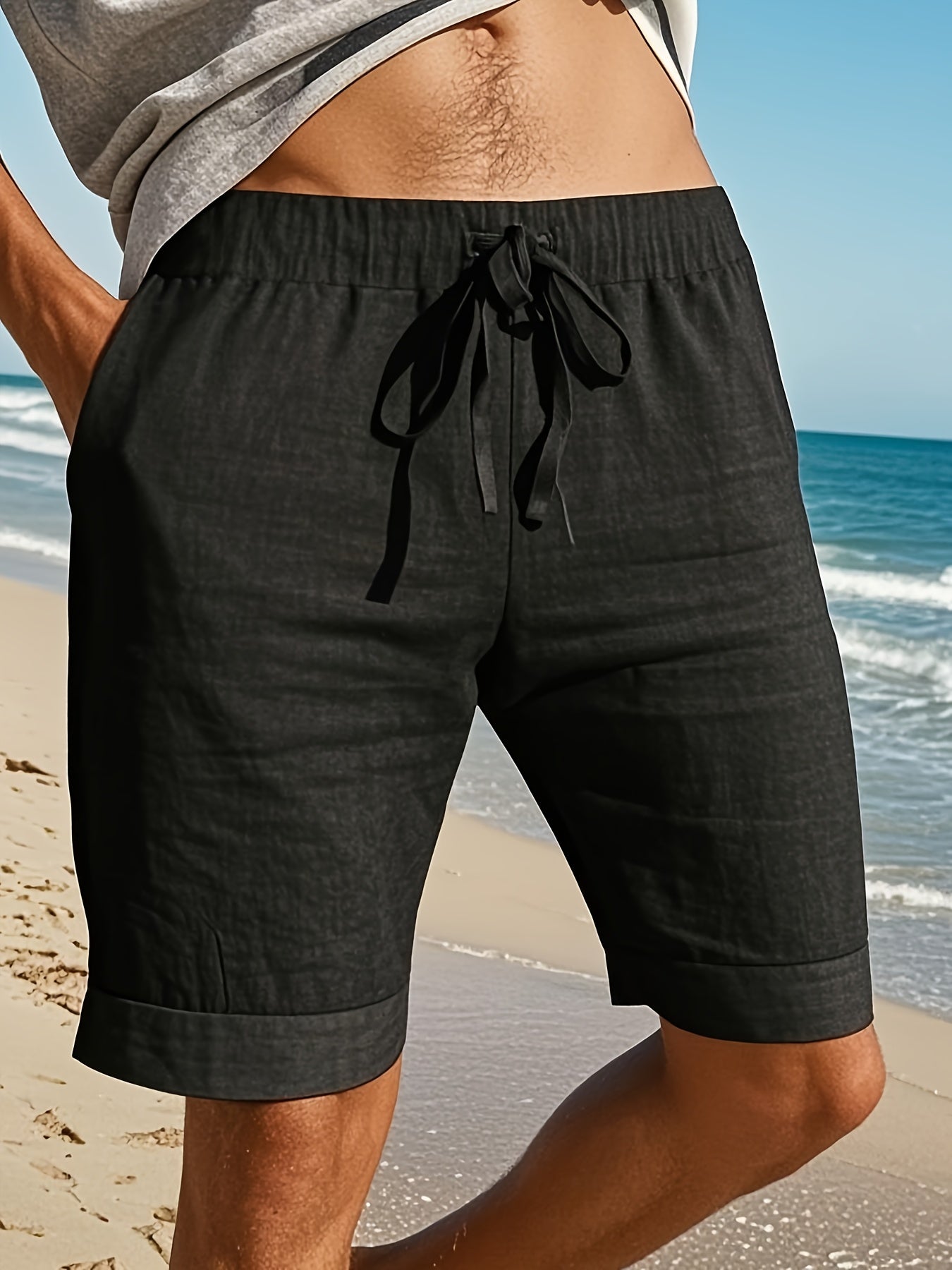 Men'S Light Blue Linen Shorts - Casual & Comfortable with Pockets, Drawstring Waist, Perfect for Summer Beach Outings and Casual Attir