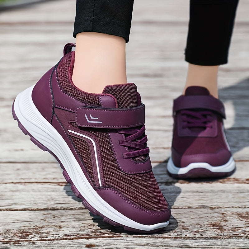 Women's Breathable Mesh Sneakers - Maroon Low-Top Casual Sneakers with Adjustable Hook-and-loop Fastener Strap Laces, Comfortable Fabric Insole, All-Season Round Toe Design, Breathable Footwear Stylish Mesh Sneakers Adj