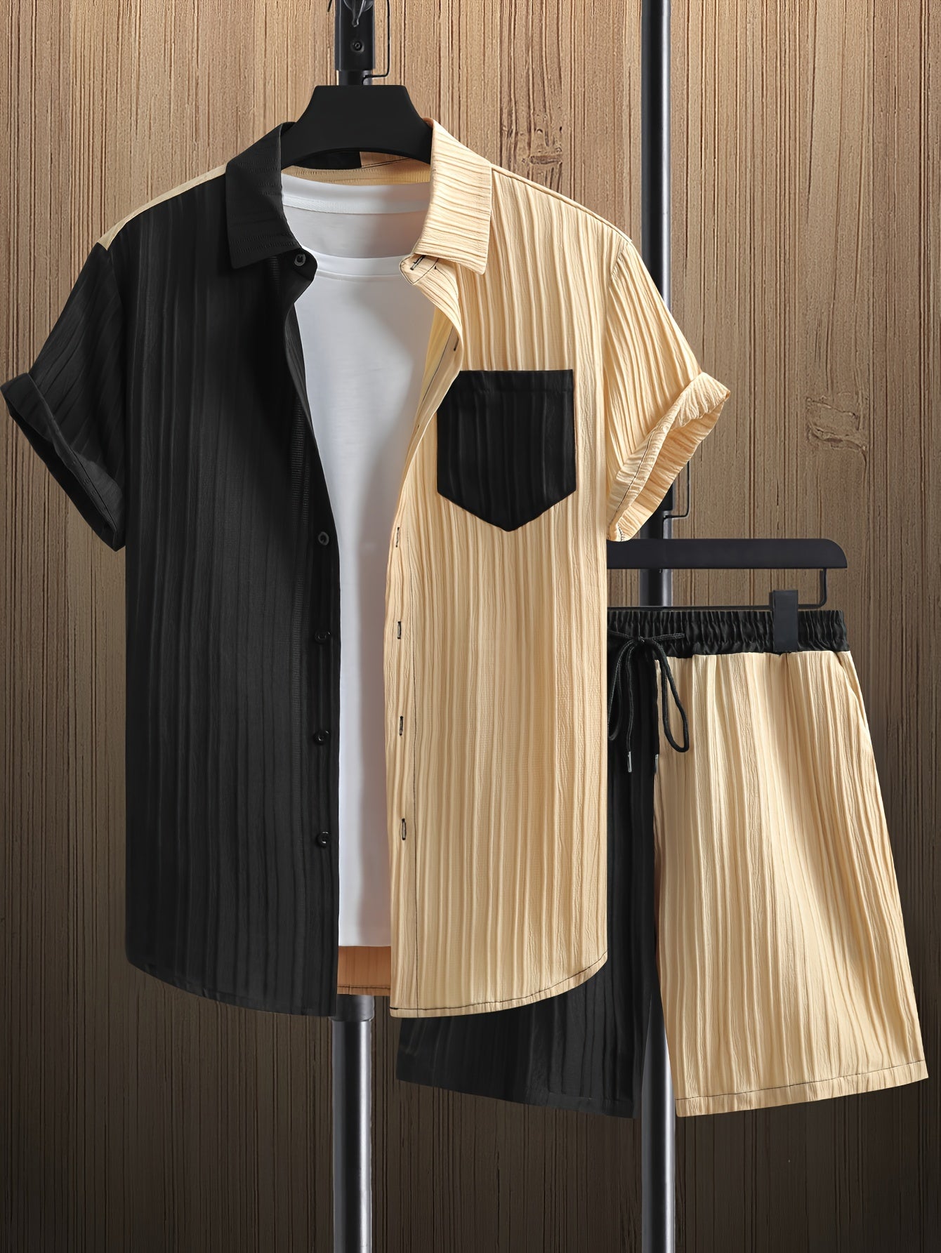 Men'S Casual Summer Polyester Shirt and Shorts Set, Regular Fit, Color Block, Lapel Collar, Slight Stretch Fabric, Lash Sets, Active Wear