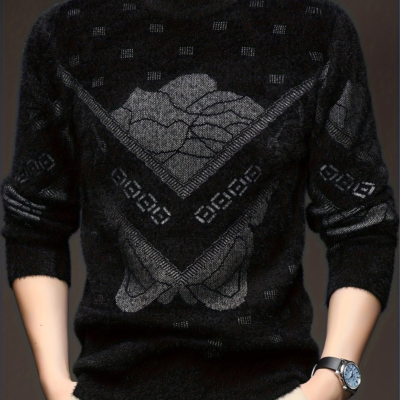 Men'S High-End Crew Neck Sweater | Fashionable Thick Warm Knitted Pullover with Floral Pattern and Hot Stamping for Fall/Winter