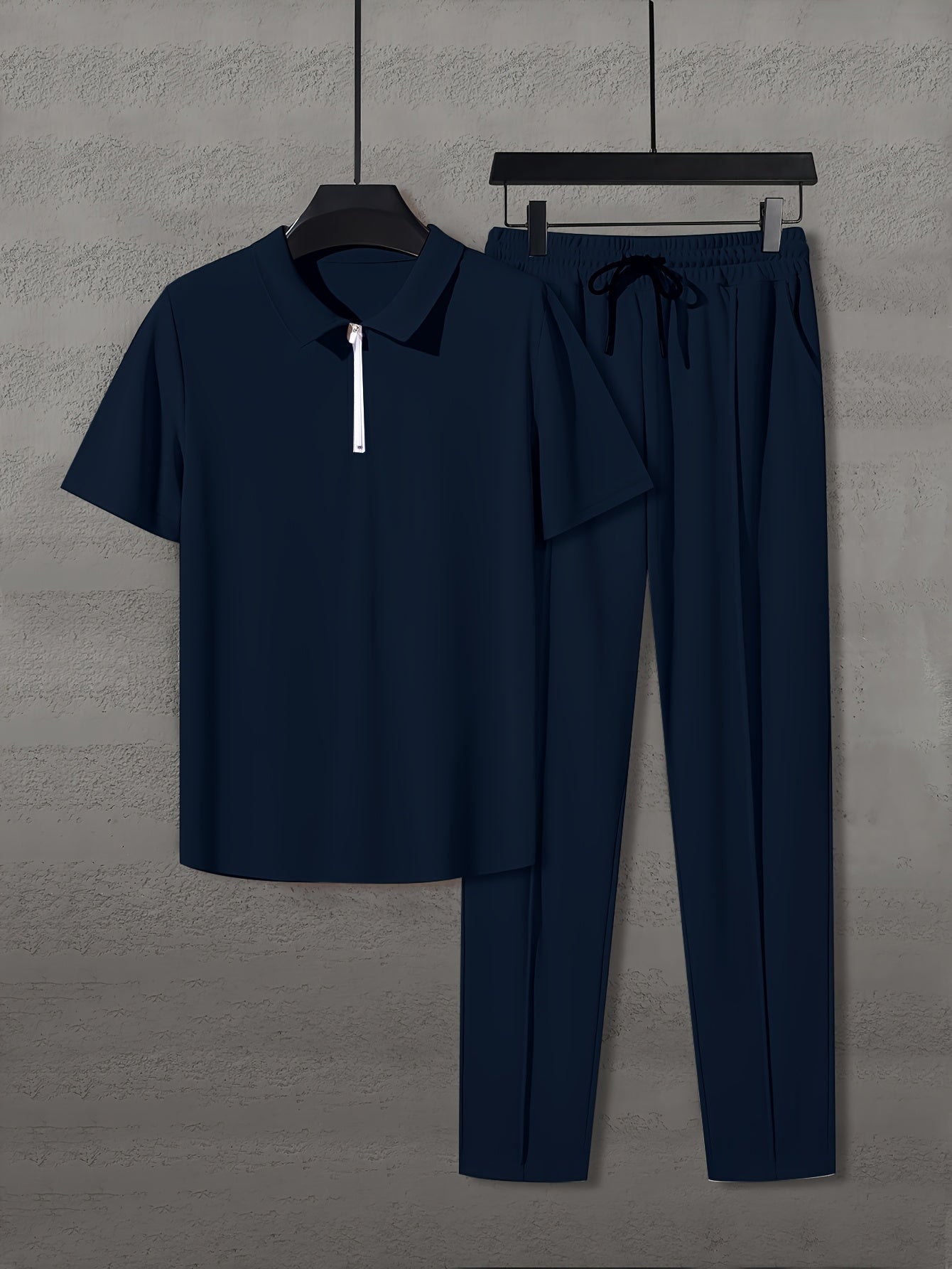 Men'S Summer Solid Color Trendy Casual Suit Collared Short Sleeve Long Pants Suit, Perfect for Outdoor