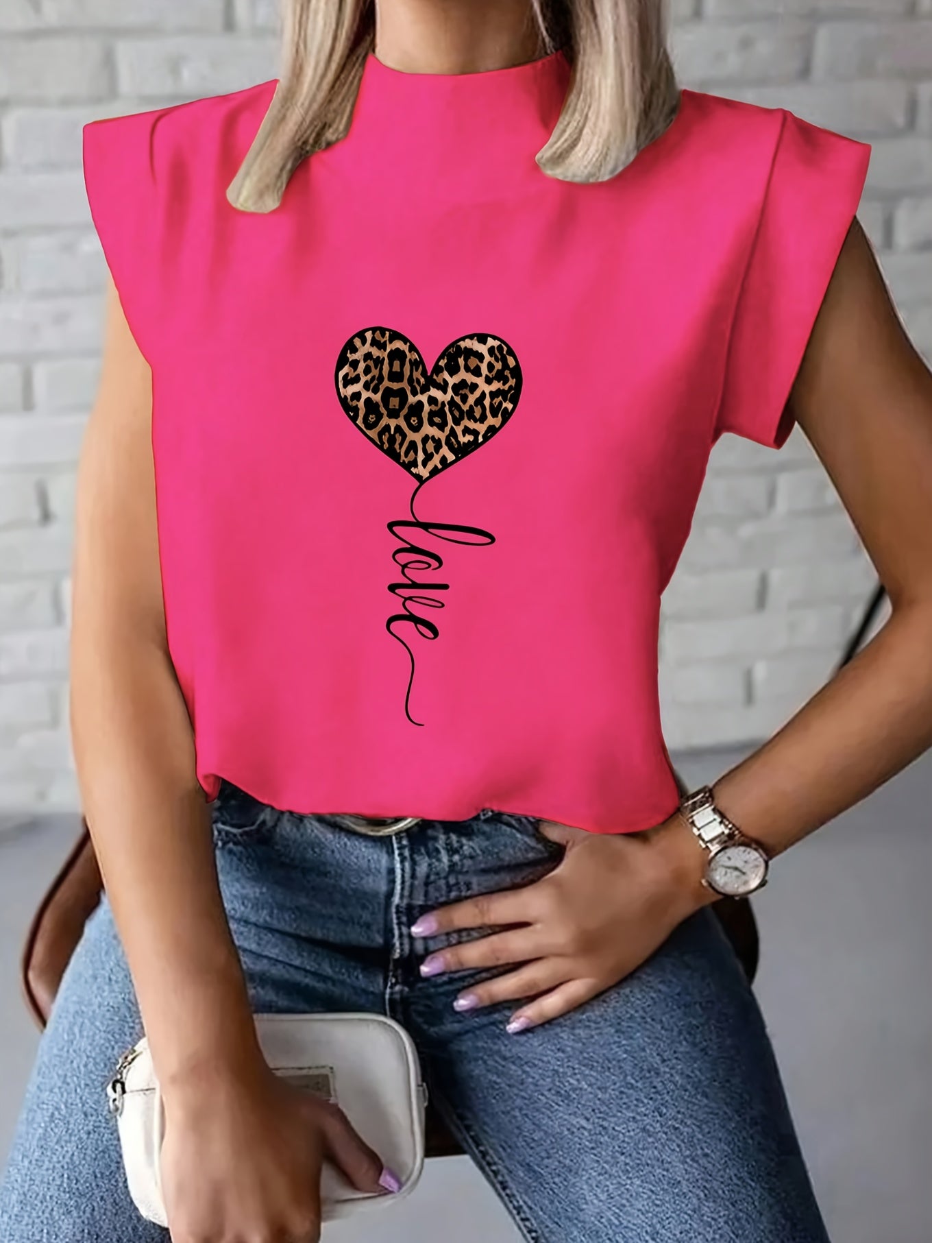 Women's Fashionable White T-Shirt with Leopard Print Heart and "LOVE" Cursive - Short Sleeve, Polyester Blend, Machine Washable