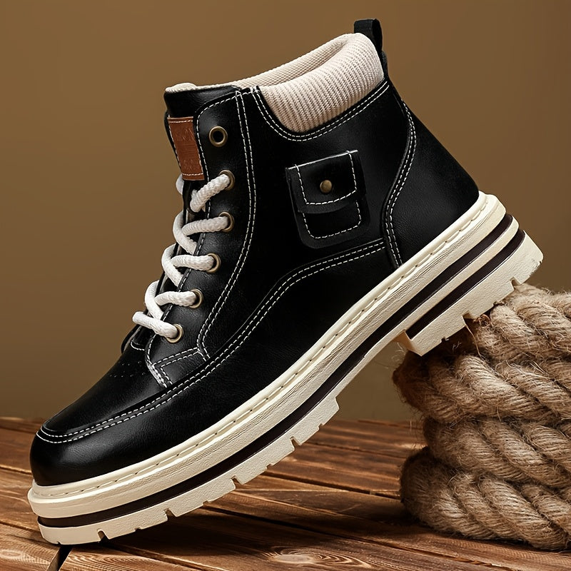 Men'S Retro British Style Mid-Top Work Boots - Black Faux Cover with White Laces, Durable PVC Sole, Comfortable Fabric Lining for Casual & Streetwear, Spring/Fall Footwear, Streetwear Footwear | Retro Style Boots | Durable PV