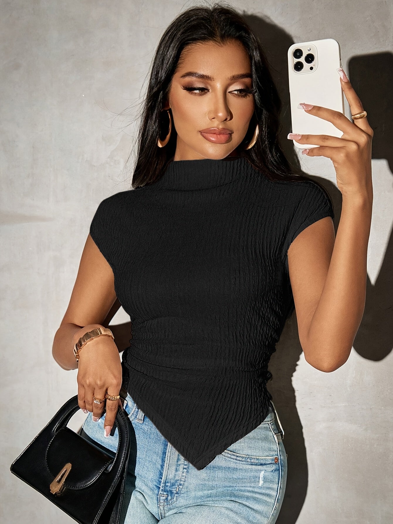 Women'S Chic High-Neck Asymmetrical Hem Drop Shoulder Short Sleeve T-Shirt - Ribbed, Solid Green, Perfect for Spring/Summer, Casual Yet Stylish, Casual Summer Wear | Chic Shoulder Design | Textured Fabric