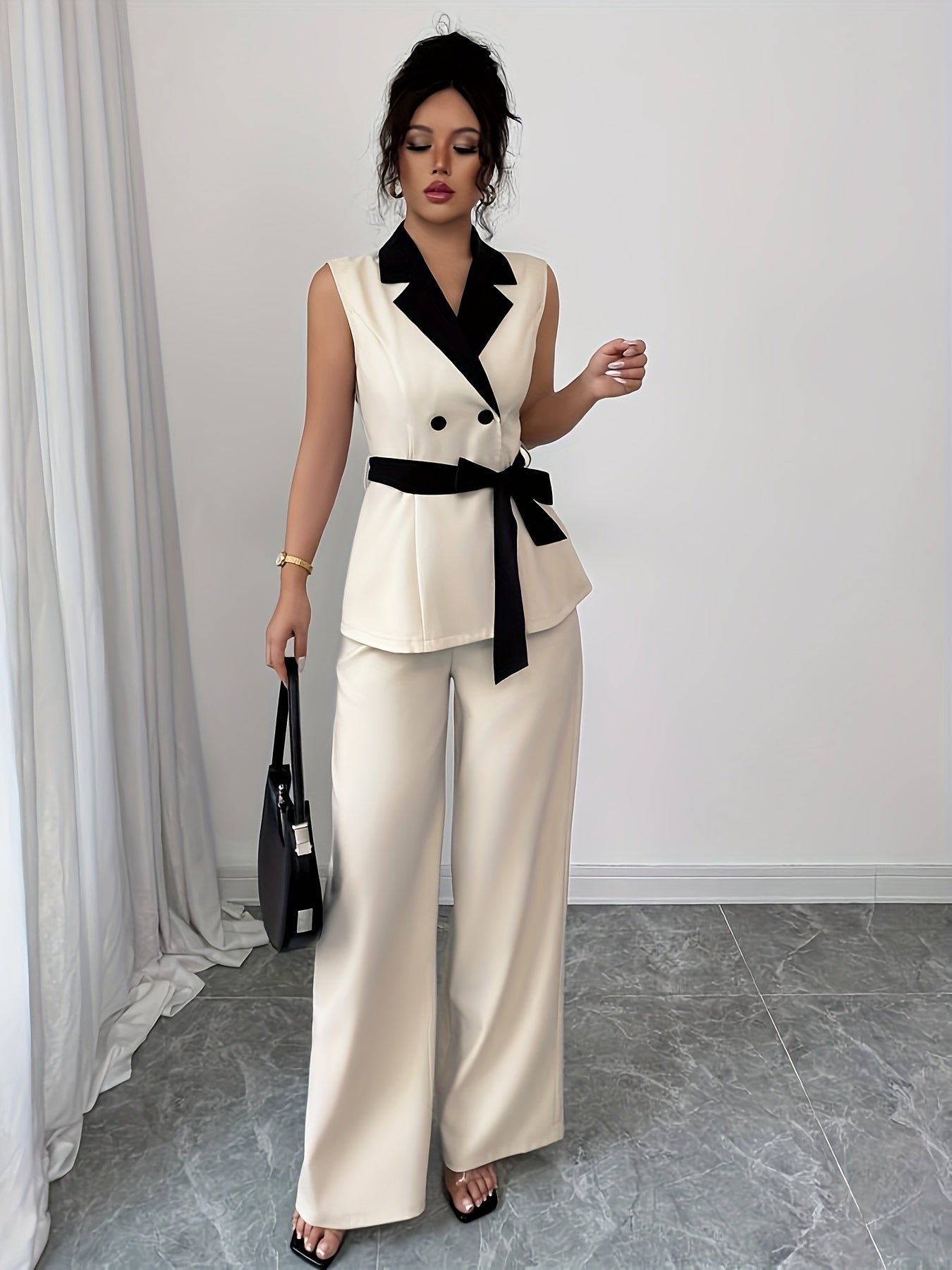 Elegant Sleeveless Blazer & Wide-Leg Pants Set for Women - Chic Black & White Two-Tone with Bow Tie Waist, Perfect for Office or Casual Outfits, Office Attire|Sleek Formal Attire|Polyester Fabric