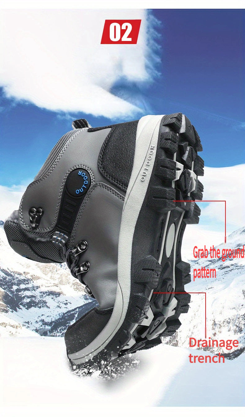 Men'S Winter Snow Warm Hiking Boots, Plush Ankle Boots, Lace-Up Outdoor Trend Style, Suitable for Hiking on Snowy Ground
