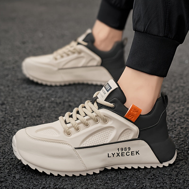LYXCEK Men's Summer Casual Running Shoes - Trendy Chunky Sneakers with Height Boost, Black Beige, Lace-Up, Breathable Fabric Lining, Non-Slip PVC Sole, Fit