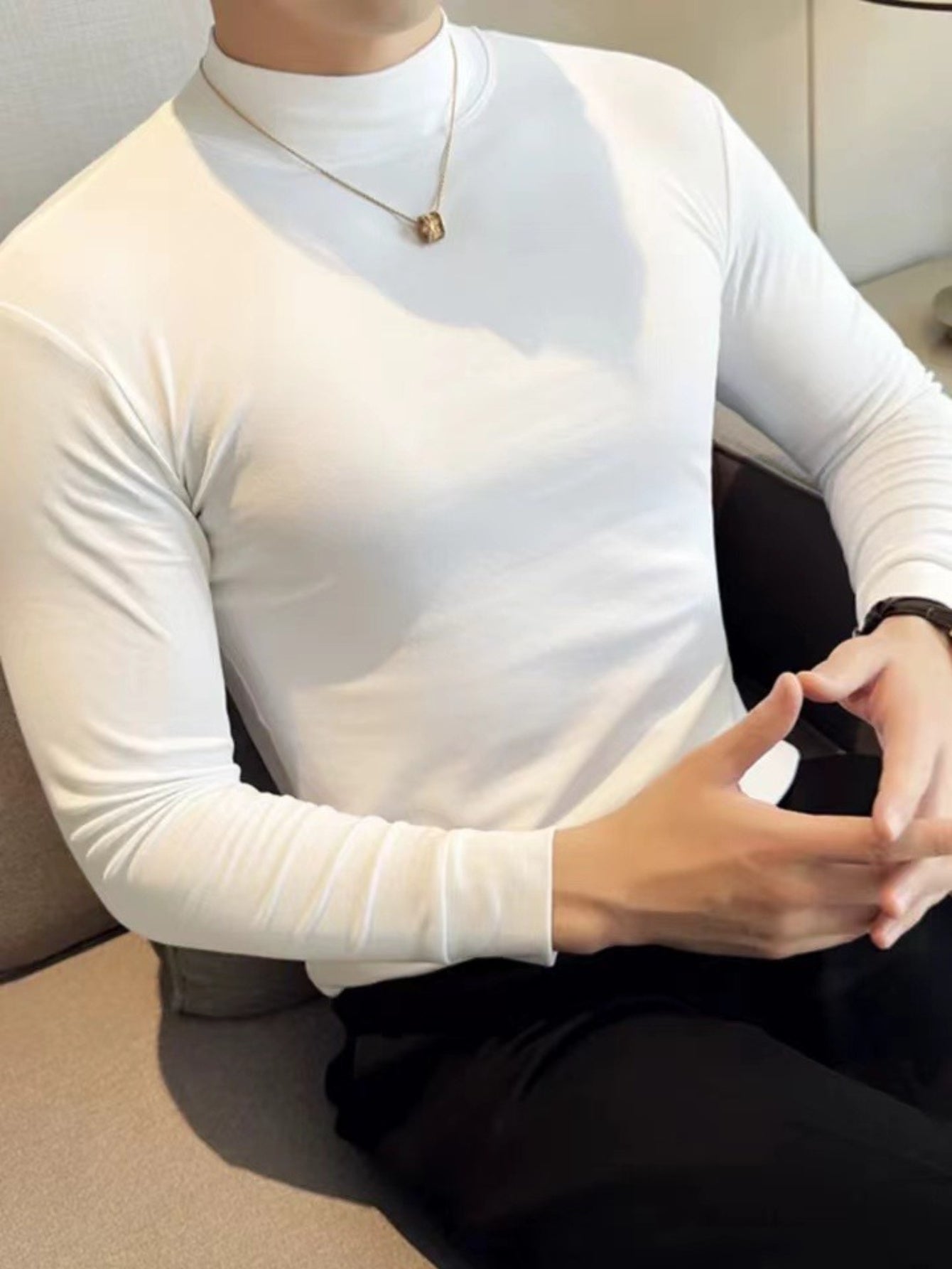 Men's Spring/Autumn Semi-High Neck Simple Outdoor Versatile Long Sleeve T-Shirt