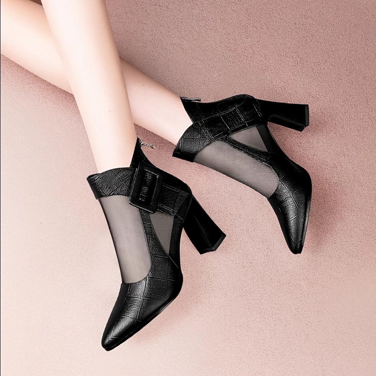 Women'S Pointed Toe Chunky Heel Pumps - Breathable Mesh Back Zipper Closure, Synthetic Cover Upper Rubber Sole, Black Summer Casual Formal Dress Shoes for Office, Weddings, Parties, High Heel Boots, Wedding Guest Shoes, Cri