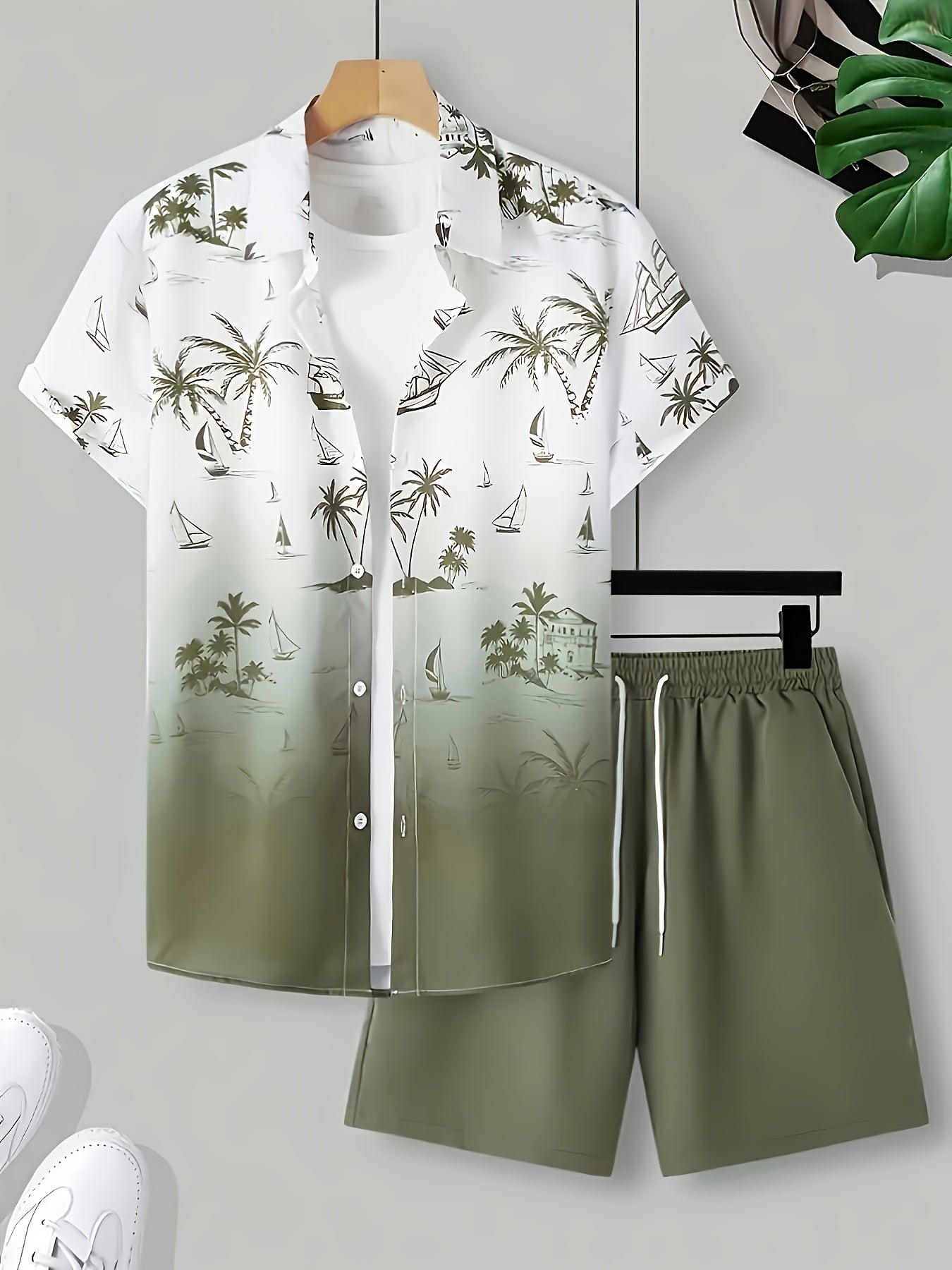 Men's 3D Printed Lapel Casual Shirt and Shorts Set