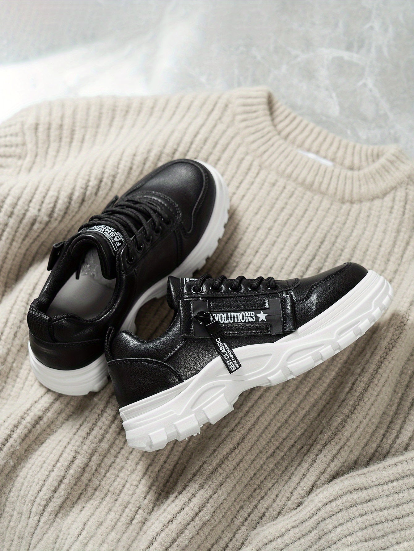 Women'S Breathable Knit Sneakers - Lightweight Thick Sole Casual Walking Shoes in White Black, Synthetic Cover Upper with Rubber Outsole, Lace-Up Low-Top Design for Indoor/Outdoor, Travel, Beach Shopping - Cute Gift for M
