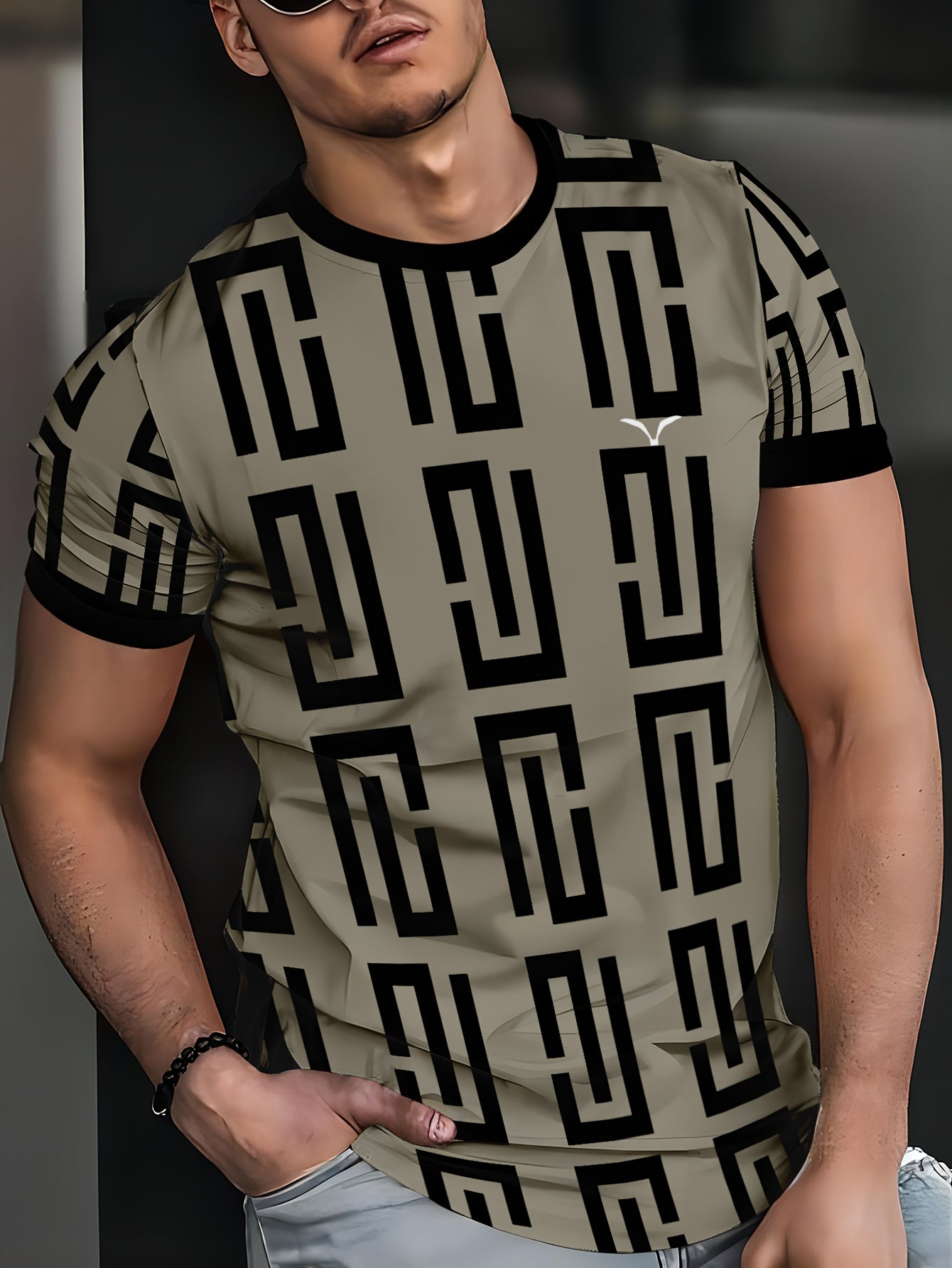 Men's Geometric Print T-Shirt - Stylish Black Gray Pattern, Short Sleeve, Round Neck, Breathable Fabric, Perfect for Casual or Formal Wear, Versatile Clothing Modern Look Comfortable Fit