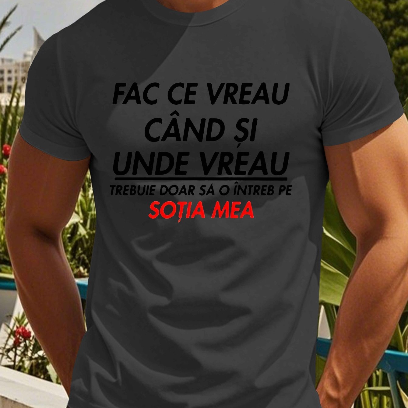 Men's Romanian Quote Short Sleeve T-Shirt - "Face Ce Vreau Cand Si Under Breath" Print, Lightweight Polyester, Casual Summer Top, Round Neck, Machine Washable, Machine Washable Tee Bold Text Tee Lightweight Material