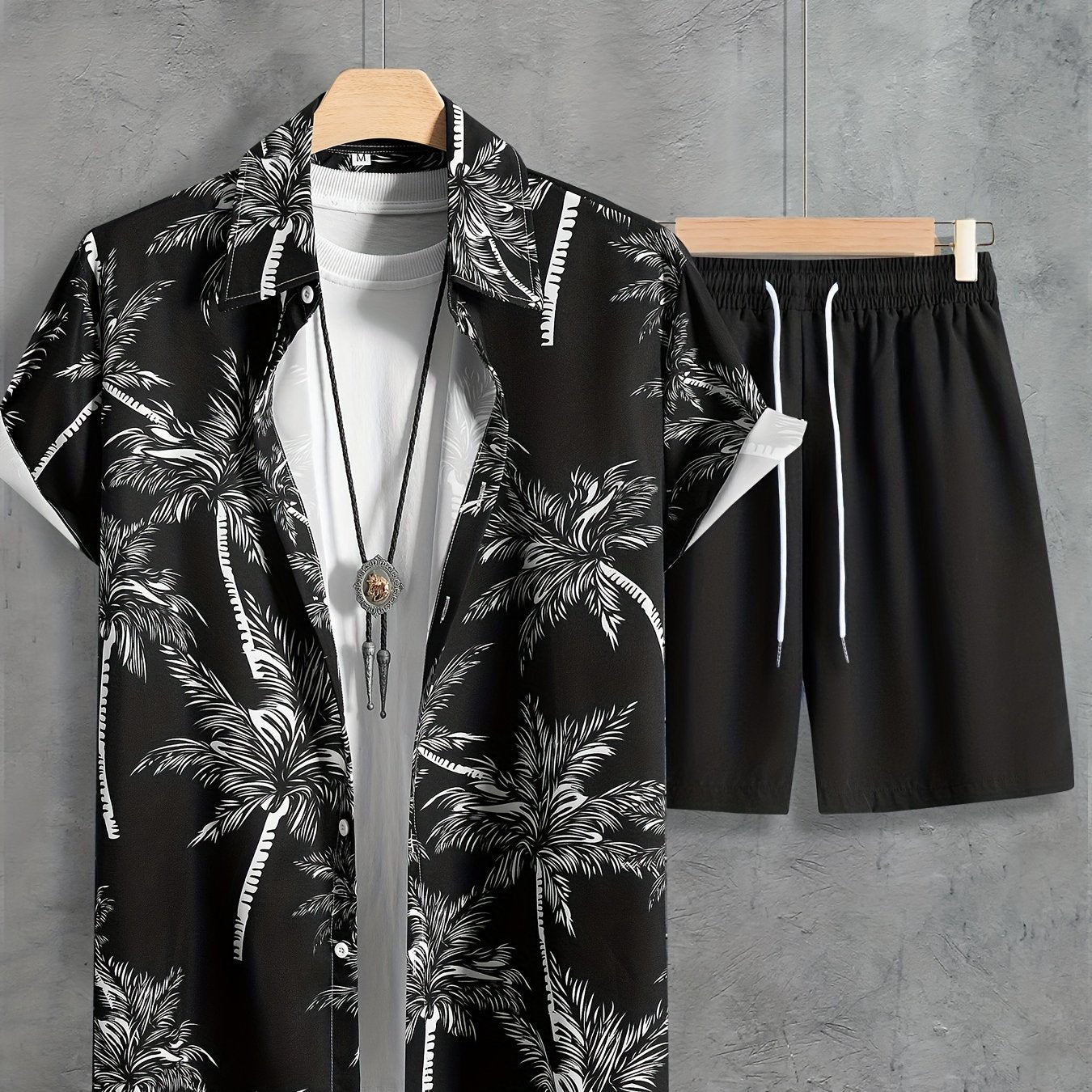 Coconut Tree Print, Men's 2Pcs Outfits, Casual Camp Collar Lapel Button Up Short Sleeve Shirts Hawaii Shirt And Drawstring Shorts Set For Summer, Men's Clothing