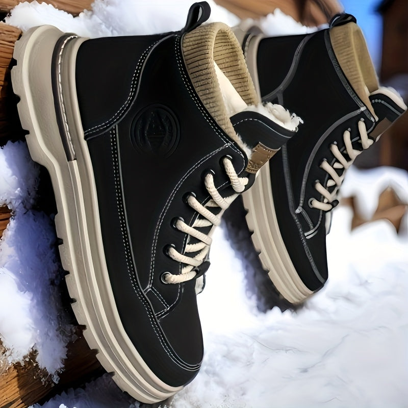 Men's Winter Snow Boots with -Like Collar & Thick Ankle - Upper, PVC Traction Tread, Lace-Up Ankle-High Trekking Boots for Ice, Snow, Hiking, - Warm Outdoor & Casual