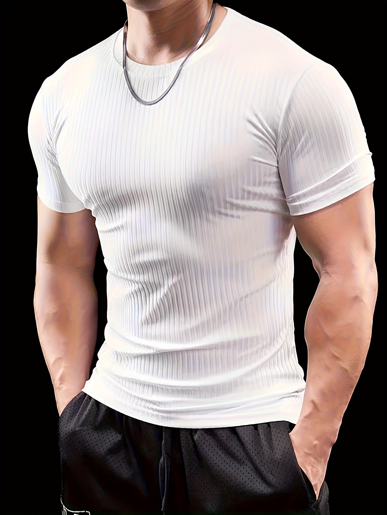 Men's Slim Fit Ribbed Short Sleeve T-Shirt - Stretchy Athletic Casual Wear, Green, Round Neck, Machine Washable, Muscle-Enhancing Design, Gym Shirts