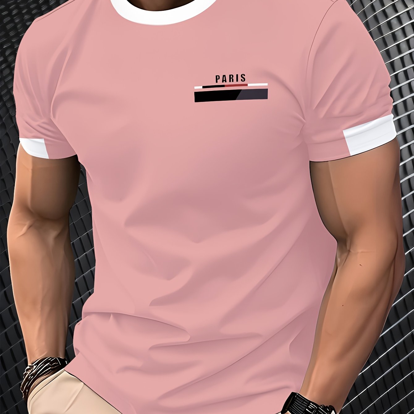 Men'S Paris Graphic T-Shirt - Green Polyester Crew Neck Tee with White Stripes Print - Casual Sporty Knit Top for Casual Attire, Breathable Fabric