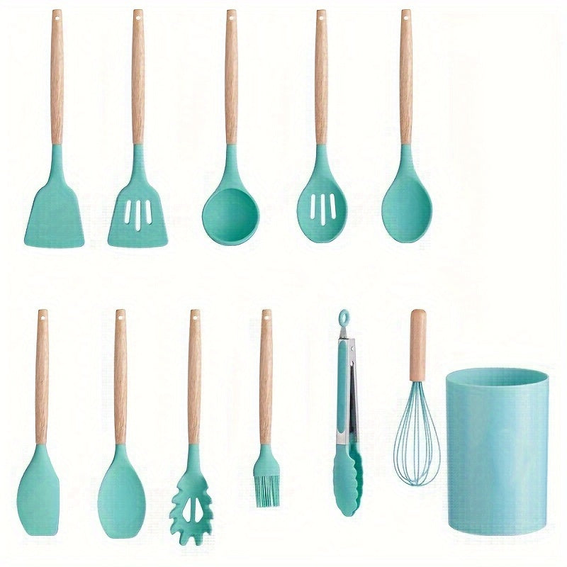 12pcs, wooden handle silicone kitchenware 12 sets, high temperature silicone spatula, spoon, cream spatula, slotted spoon, spaghetti grab, thick spoon, non-stick cooking spoon set, kitchen cooking tools, silicone kitchen uten