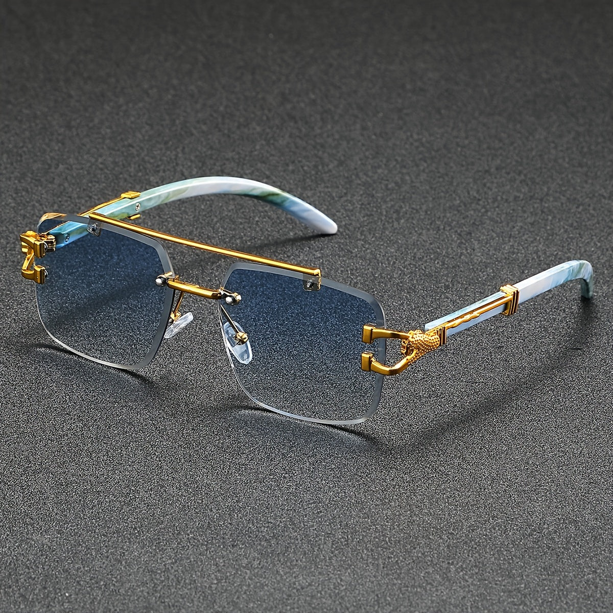 A Pair of Frameless, Beveled-Edge, Square Double-Beam Glasses, New Trendy Leopard-Print Fashion, Faux Wood Grain, Versatile for Men And Women, for Taking Photos.