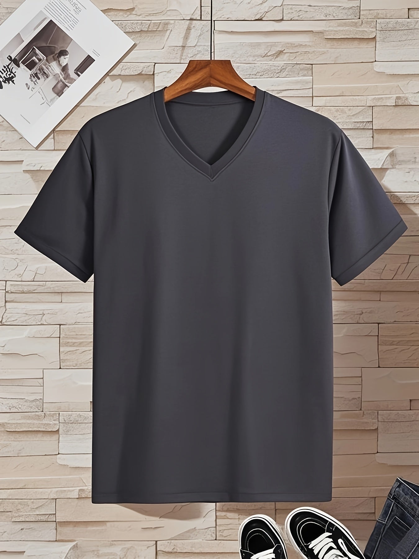 Men'S V-Neck Short Sleeve T-Shirt - Lightweight Breathable, Casual Fit, Solid Black, Perfect for Summer, High-Quality Knit Fabric, Everyday Tshirt Casual Style Comfortable Fit