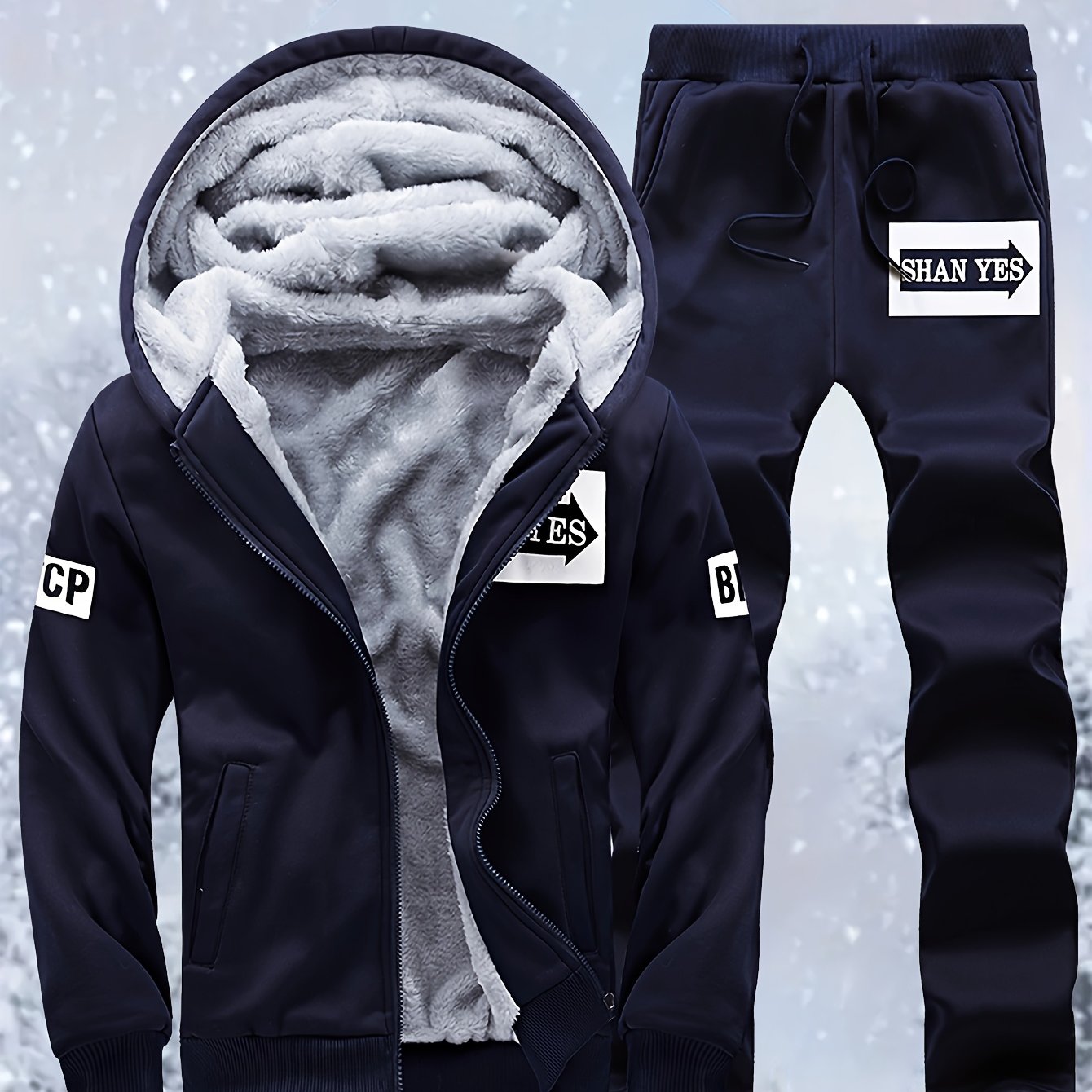 Men's "SHAN YES" Alphabet Print Fuzzy Lining Hooded Sweatshirt And Joggers Set, Warm Athletic Outfit For Running And Outdoor Fitness, Autumn And Winter
