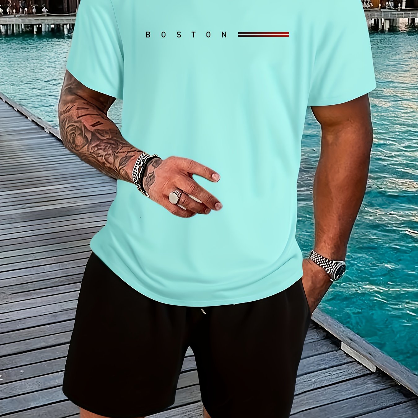 Men's Heavyweight 180gsm Cotton T-Shirt - Dark Gray Crew Neck Tee with Bold "Boston" Print, All-Season Everyday Formal Shirt for Men - Machine Washable Luxury Casual Top, Versatile Clothing, Modern Design, Premium Fabric, S