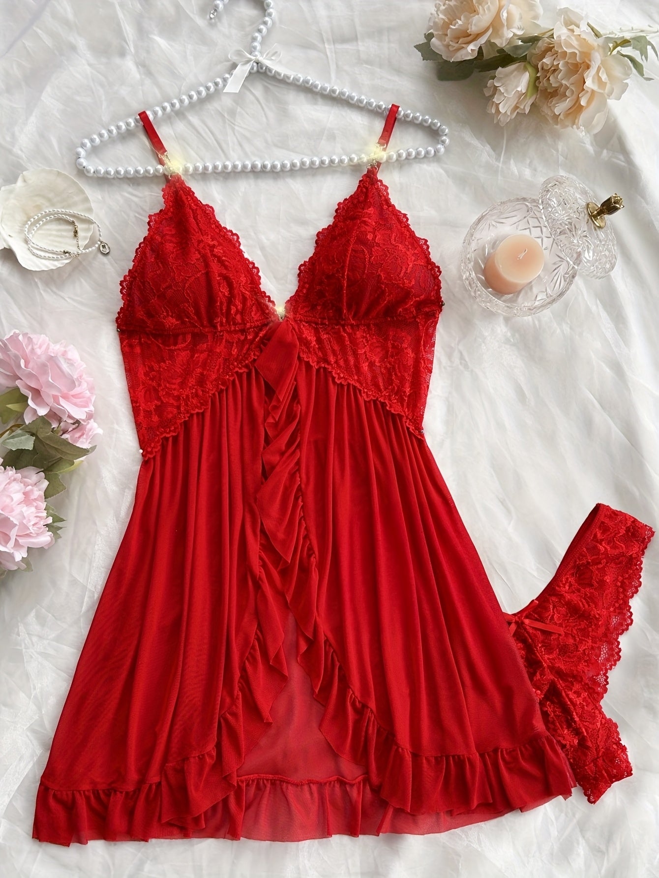 Sexy and Romantic Sleepwear Set, Solid Color Lace Camisole with Matching Panties, V-Neck Design Accentuating Elegant Neckline, Delicate Lace Pattern for Softness. Flared Hem and Ruffled Front Add Graceful Charm, Perfect for a