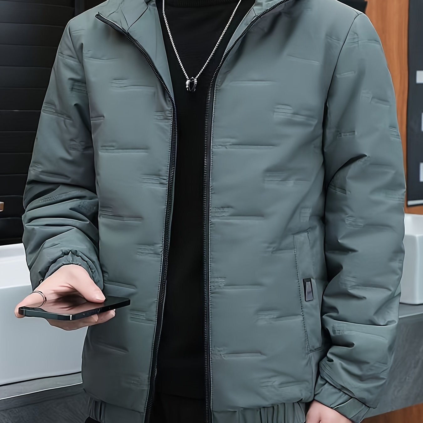 Men's Winter Windproof Jacket Thickened Insulated College Style Hooded Coat with Zipper Front, Pockets & Machine Washable - Solid Color for Hiking & Outdoor Activities