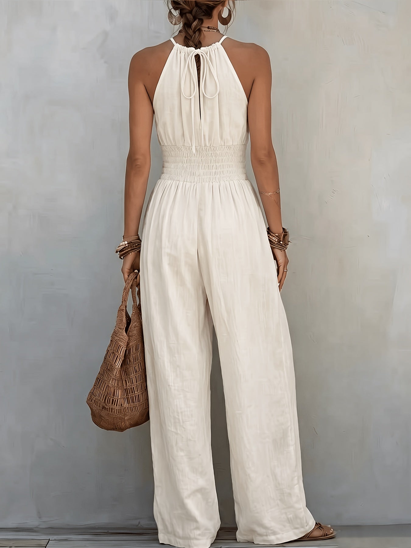 Women's Bohemian Sleeveless Jumpsuit with Wide-Leg Pants and Pockets