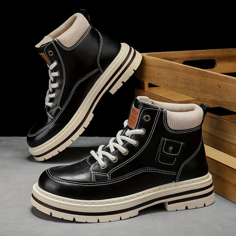 Men'S Retro British Style Mid-Top Work Boots - Black Faux Cover with White Laces, Durable PVC Sole, Comfortable Fabric Lining for Casual & Streetwear, Spring/Fall Footwear, Streetwear Footwear | Retro Style Boots | Durable PV