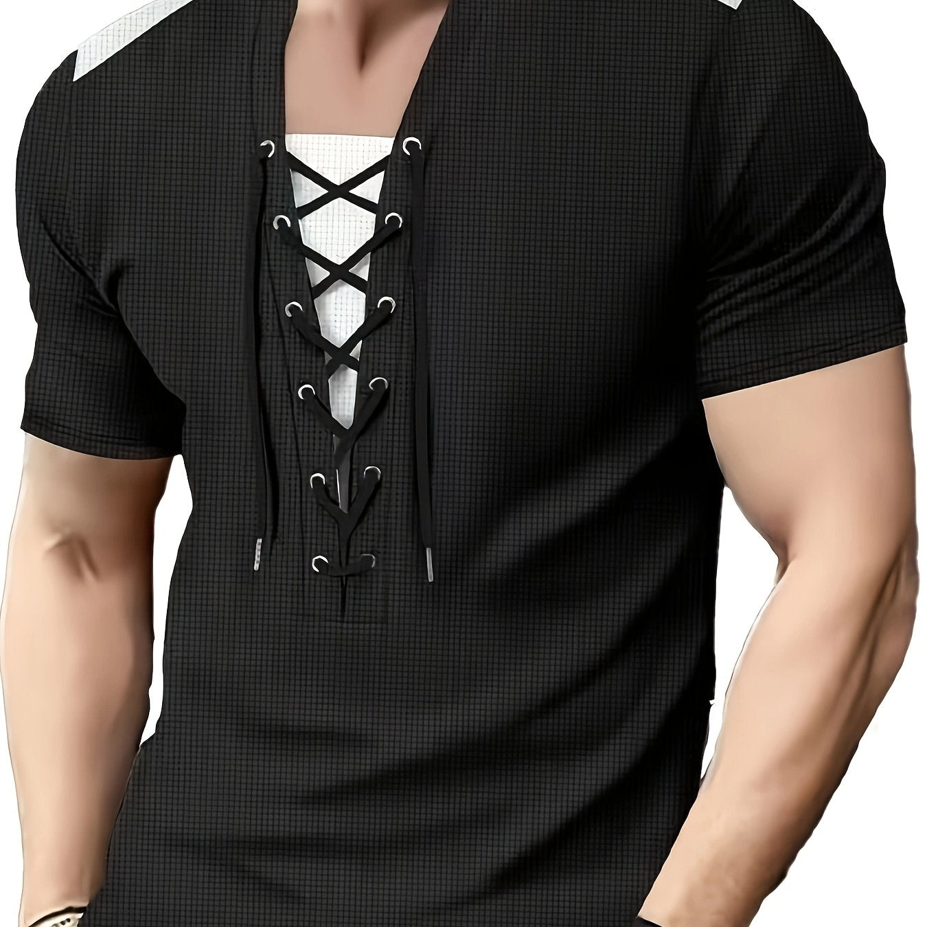 Men'S Casual Waffle Knit Short Sleeve T-Shirt with Drawstring Detail - Maroon Black, Round Neck, Breathable Polyester Fabric for Summer Outings, Casual Weekend Wear Round Neck Tee Stylish Contrast Stitchin