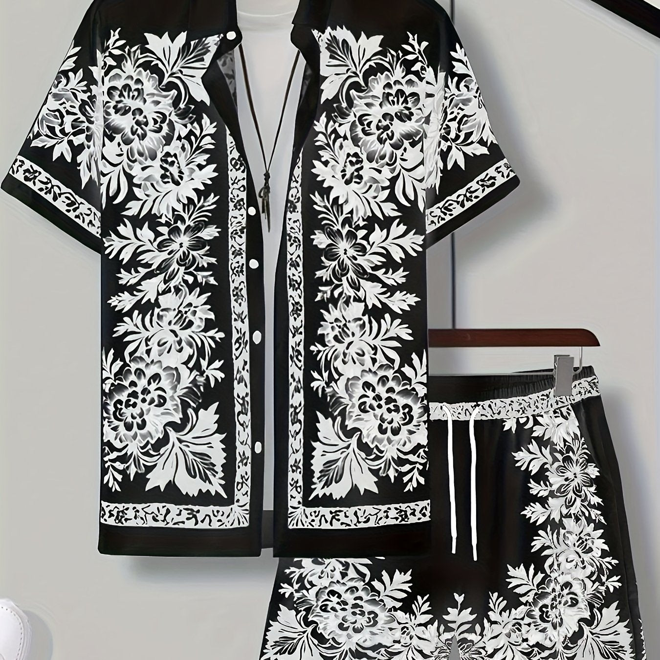 Men'S Two Sets of Floral Print Casual Button-Up + Drawstring Sports Shorts Two-Piece Hawaiian Beach Sports Styl
