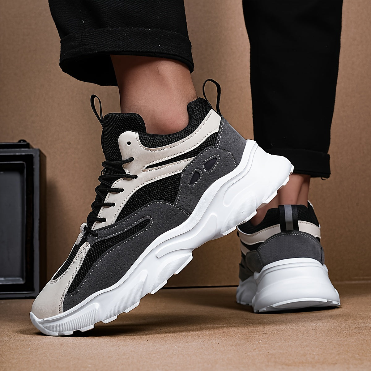 Men's Comfortable Breathable Fashion Sneakers - Stylish Two-Tone Casual Sneakers, Durable Non-Slip EVA Sole, Lace-Up, Low-Top for Everyday Streetwear