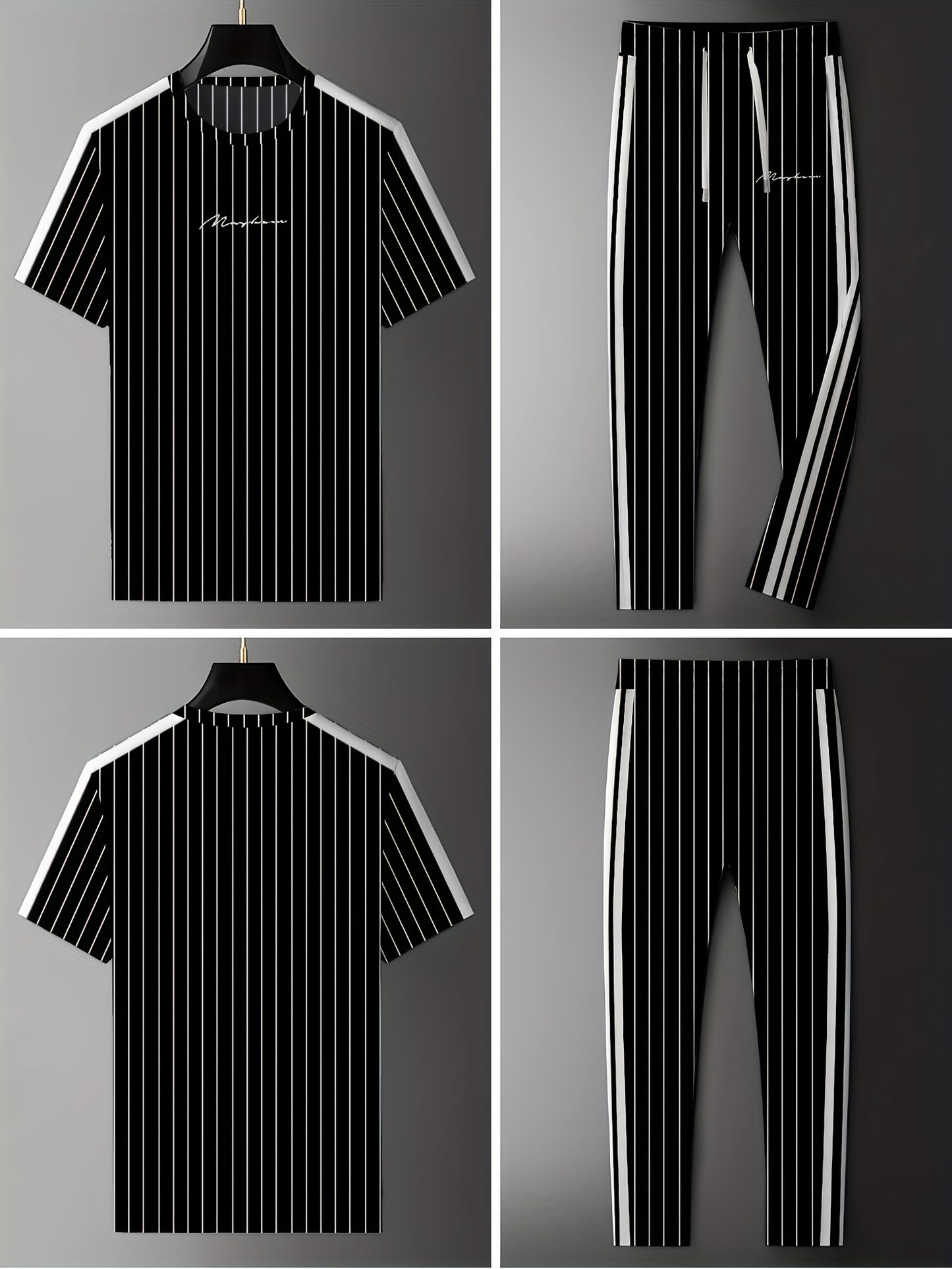 Summer Men's Striped Vertical Stripe 3D Print Casual Sports Short Sleeve Suit Fitness Sportswear Shorts T-shirt Men's Set Outdoor Sports Drawstring Pocket Hoodie Two-piece Set