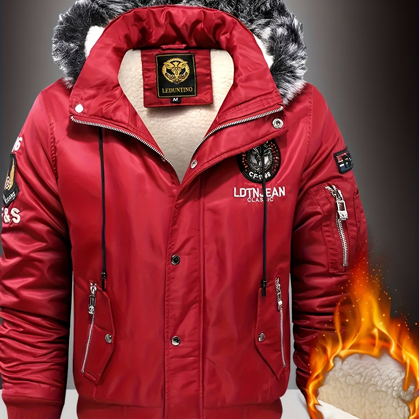 Men'S Heavyweight Winter Jacket with Detachable Hood & 3D Lettering - Full-Zip Windproof Coat, Multi-Pocket Design, Machine Washable