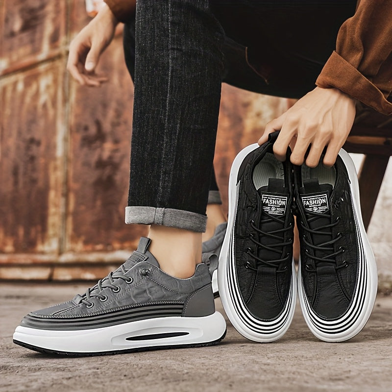 Men's Breathable Casual Sneakers - 2025 Spring New Design, Low-Top Elastic Lace-Up, Grey White PU Upper with Cushioned EVA Insole Durable PVC Sole for All-Season Outdoor Running, Gym, Daily Wear, Gym Shoes, Sleek Sporty D