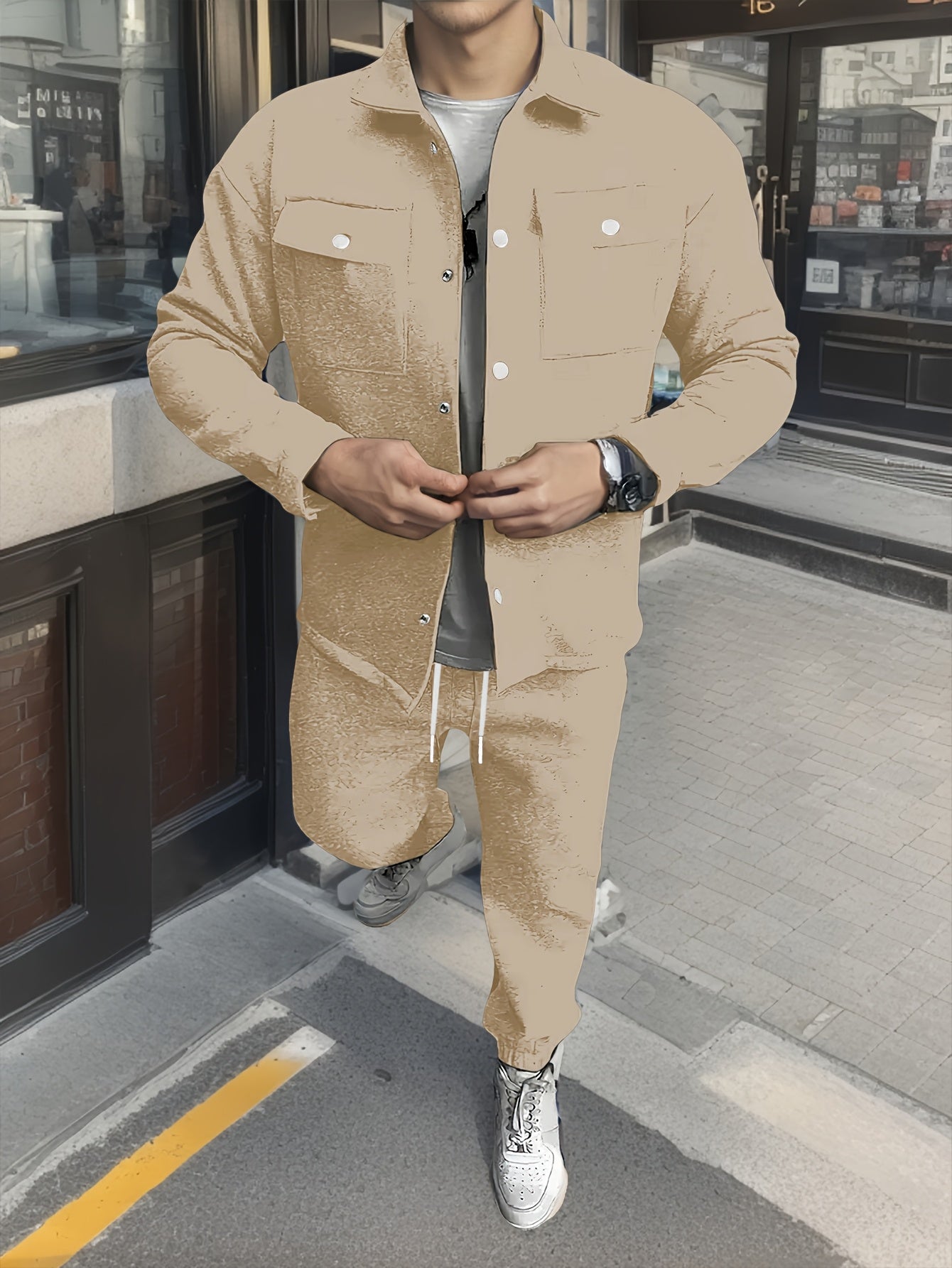 1set Men'S Casual Solid Color Polyester Outfit - Long Sleeve Button-Down Lapel Collar Jacket with Pockets and Drawstring Long Pants Set for Fall/Winter