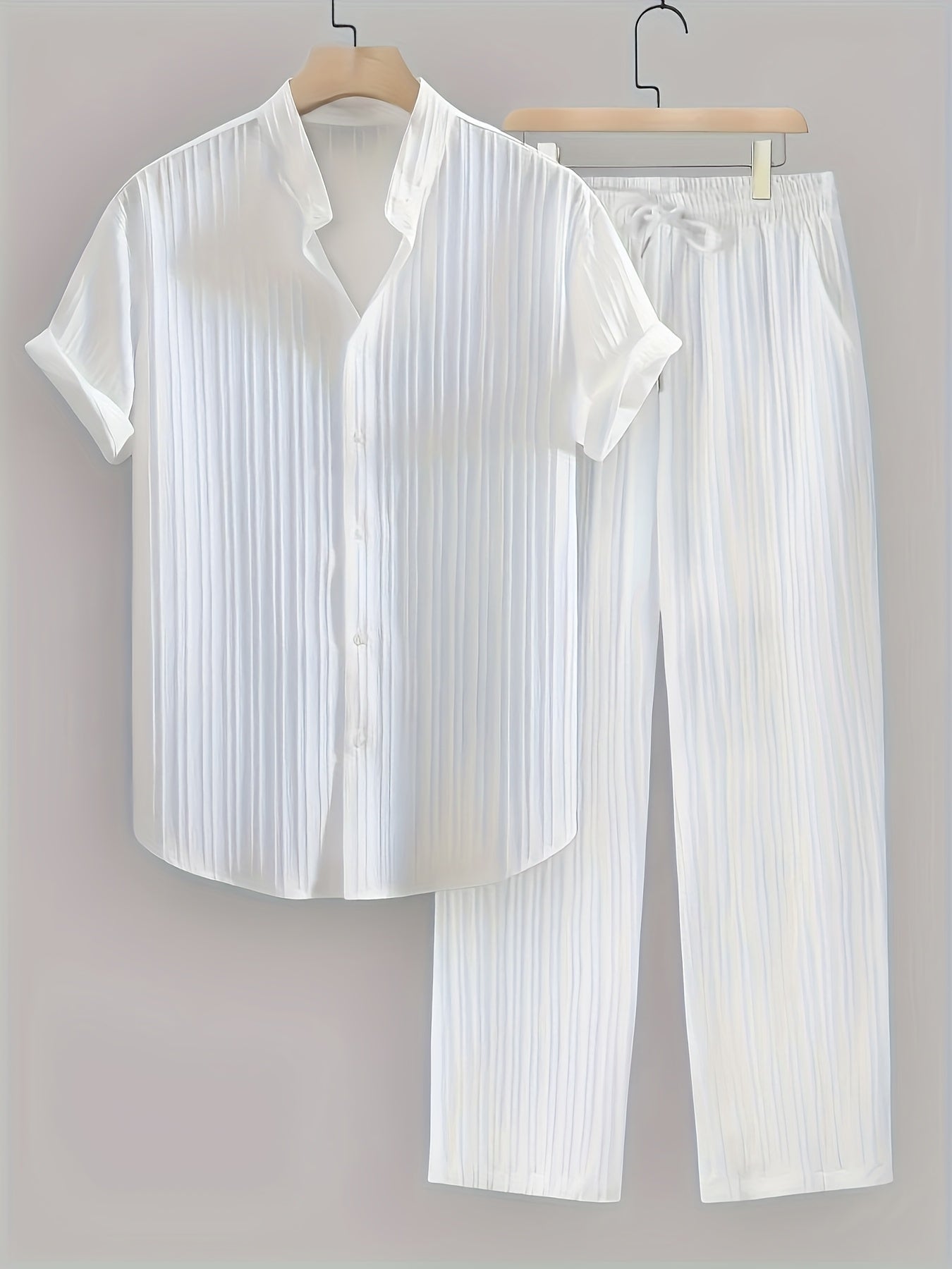 Men's New Trendy Textured Wave Stripe Short Sleeve Long Pants Casual Suit