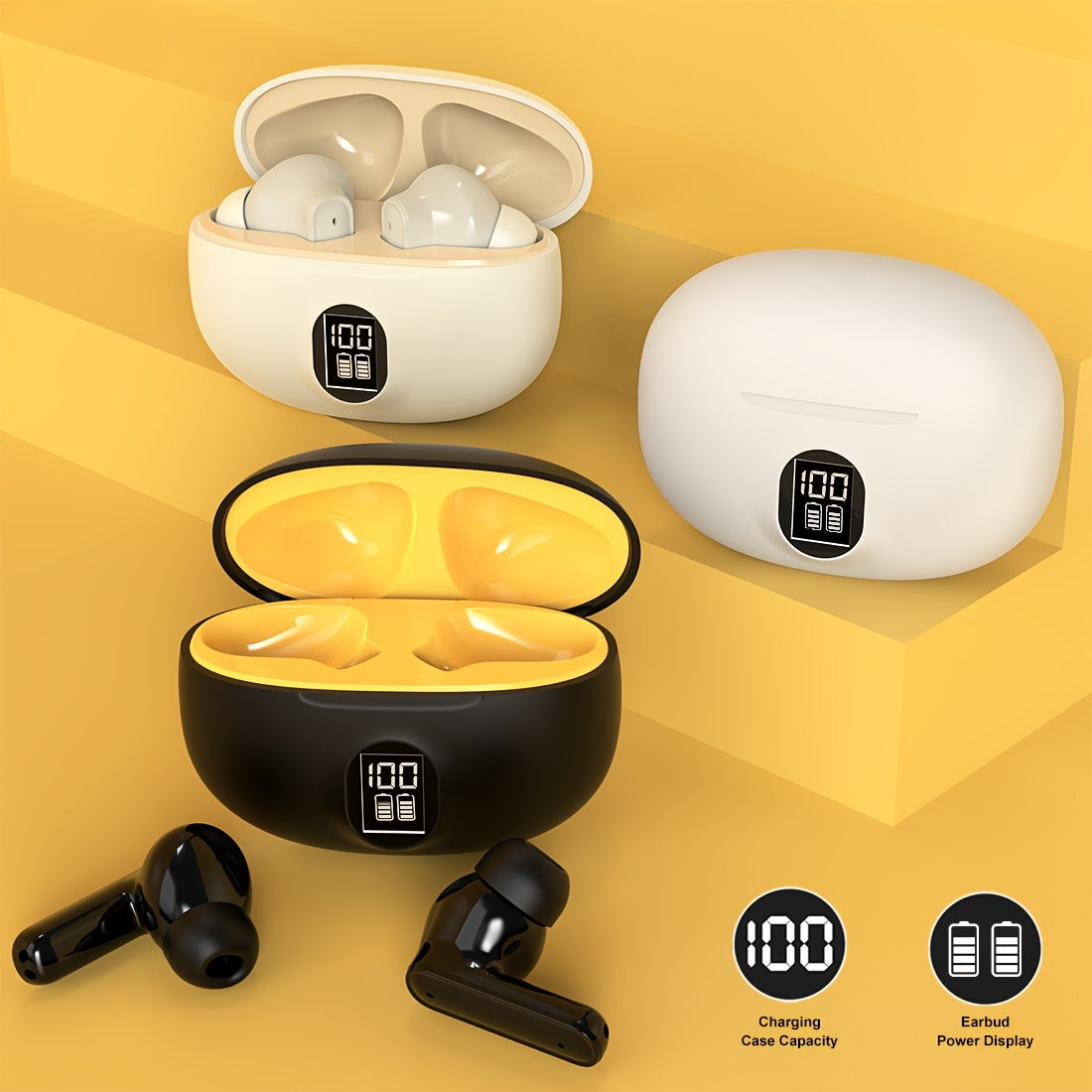 HiFi Sound TWS Wireless Earbuds with HD Display, Touch Controls, Long Battery Life, Wireless 5.0, Comfort Fit for Running, Yoga & Gaming - White, Beige, Black Options