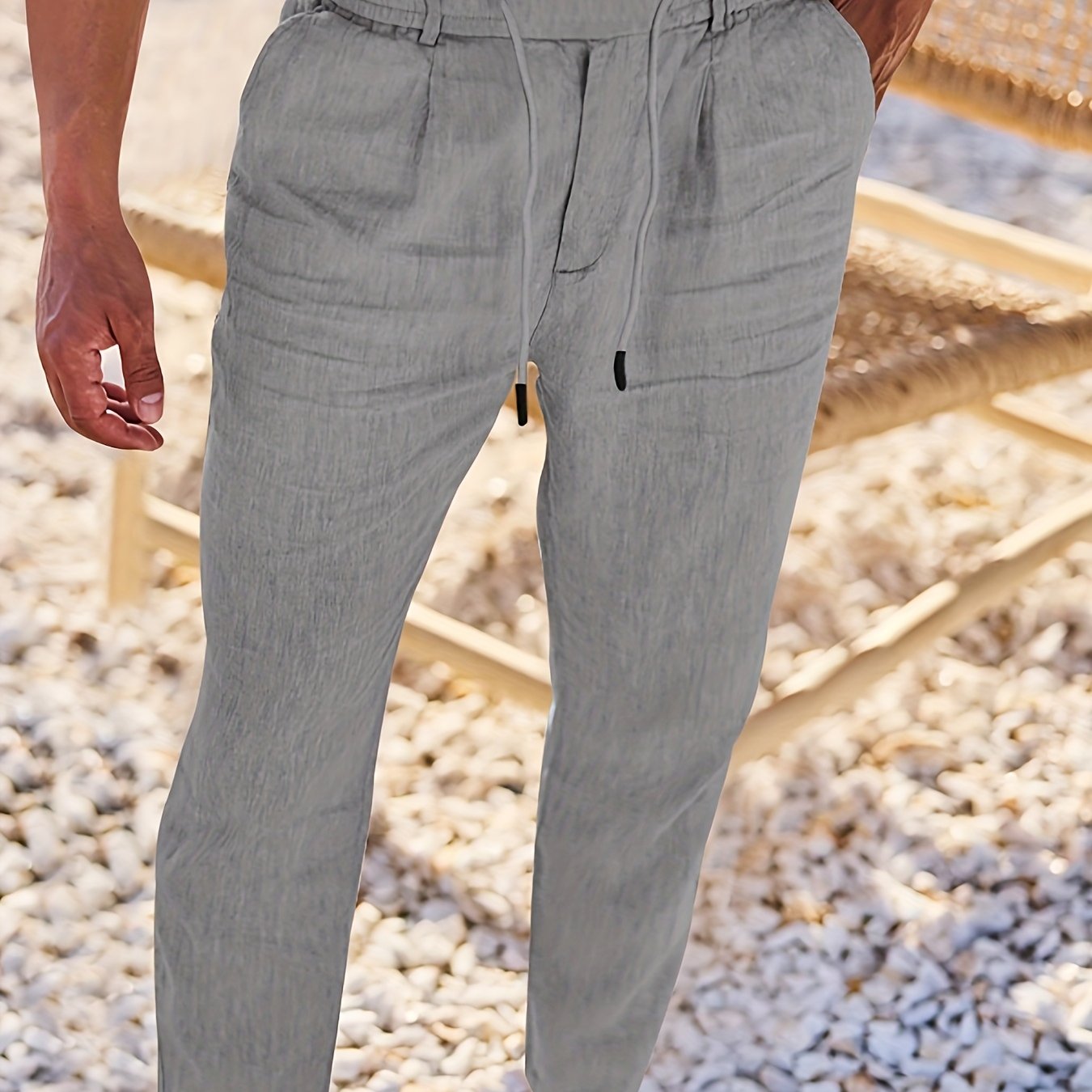 Men'S Casual Linen Drawstring Pants - Comfortable Straight Fit, Lightweight & Breathable for Beach & Outdoor Activities, Beach Casual Wear|Straight Fit Pants|Lightweight Fabric