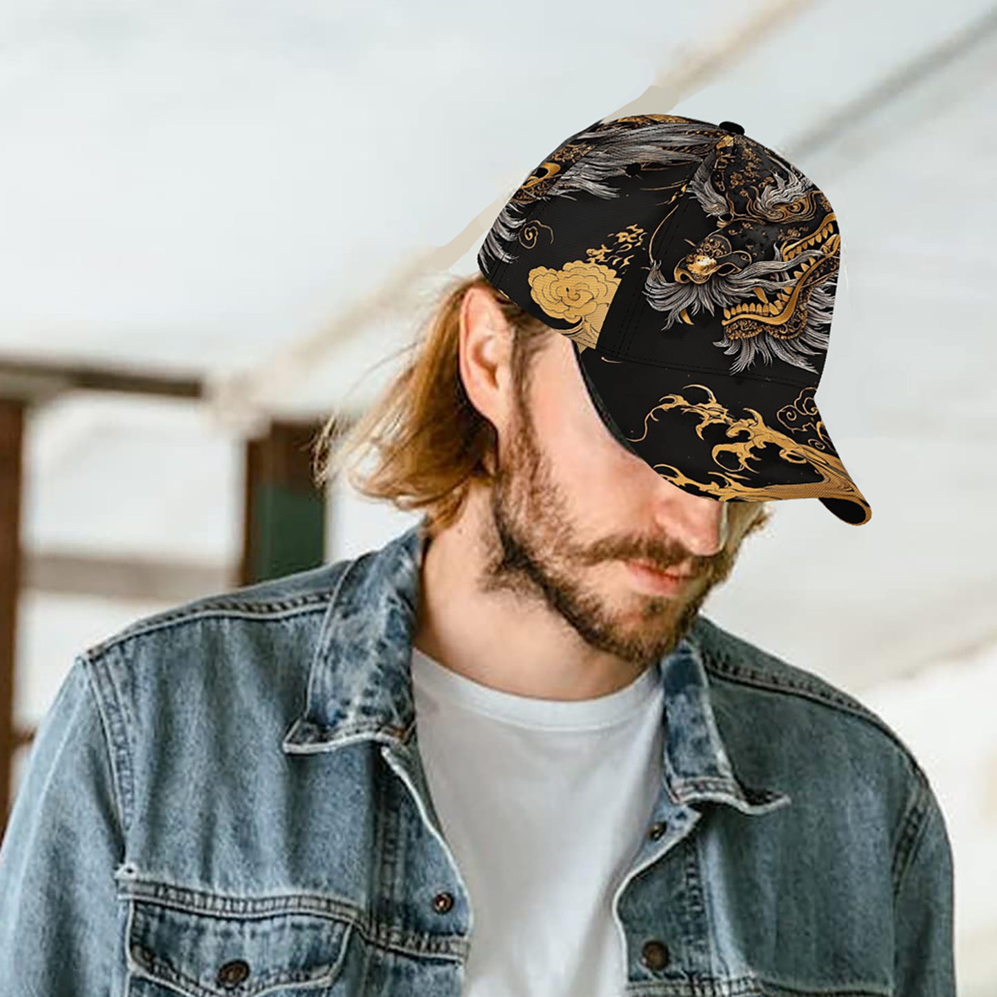 Stylish Dragon & Floral Print Baseball Cap - Breathable Lightweight Unisex Hat for Outdoor Sports, Casual Wear & Lunar New Year Festivities, Black with Golden/White Accents, Festive Headwear, Vibrant Patterned Cap, Comfortabl