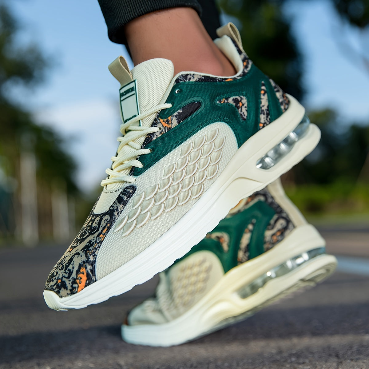 Men'S Stylish Athletic Sneakers - Breathable Mesh Upper, Lightweight Air Cushion Sole, Lace-Up Running Shoes with Tiger Design, Comfortable for Casual Training Wear